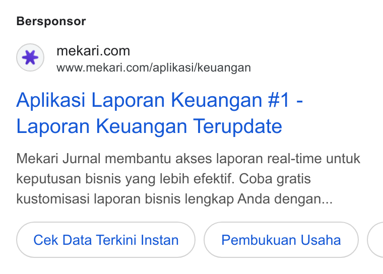 Mekari ad on Google Ads: www.mekari.com/aplikasi/keuangan Aplikasi Laporan Keuangan #1 - Laporan Keuangan Terupdate Mekari Jurnal membantu akses laporan real-time untuk keputusan bisnis yang lebih efektif. Coba gratis kustomisasi laporan bisnis lengkap Anda dengan... Cek Data Terkini Instan Pembukuan Usaha <