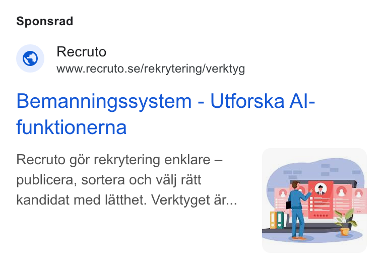 Recruto ad on Google Ads: Sponsrad Bemanningssystem - Utforska Al- funktionerna Recruto gér rekrytering enklare — publicera, sortera och valj ratt kandidat med latthet. Verktyget ar...