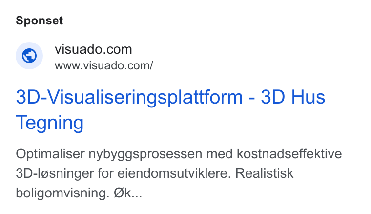 Visuado ad on Google Ads: www.visuado.com/ 3D-Visualiseringsplattform - 3D Hus Tegning Optimaliser nybyggsprosessen med kostnadseffektive 3D-I@sninger for eiendomsutviklere. Realistisk boligomvisning. Ok...