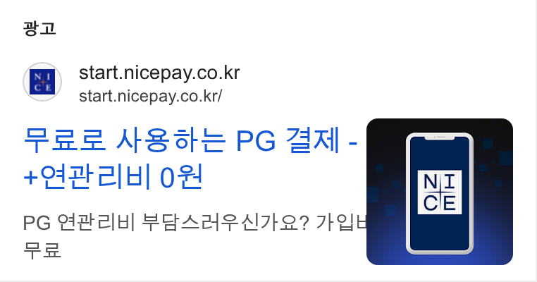 Channel Corporation ad on Google Ads: m E start.nicepay.co.kr/ Pee NSce PG Gal - +47 2]H] o F PG SA el]H| FSAALATL? 72 ae