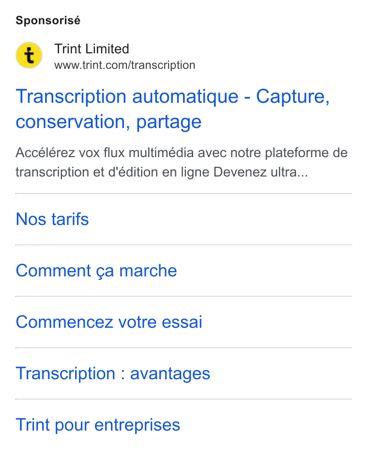 Trint ad on Google Ads: Sponsorisé Transcription automatique - Capture, conservation, partage Accélérez vox flux multimédia avec notre plateforme de transcription et d'édition en ligne Devenez ultra... Nos tarifs Comment ¢a marche Commencez votre essai Transcription : avantages Trint pour entreprises