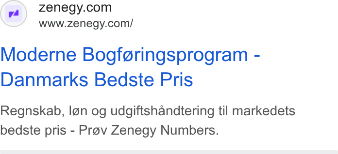 Zenegy ad on Google Ads: www.zenegy.com/ Moderne Bogferingsprogram - Danmarks Bedste Pris Regnskab, I@n og udgiftshandtering til markedets bedste pris - Prav Zenegy Numbers.