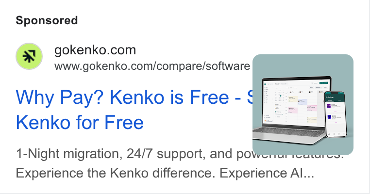 Kenko AI ad on Google Ads: www.gokenko.com/compare/software Why Pay? Kenko is Free - @ Kenko for Free 1-Night migration, 24/7 support, and power Experience the Kenko difference. Experience Al...