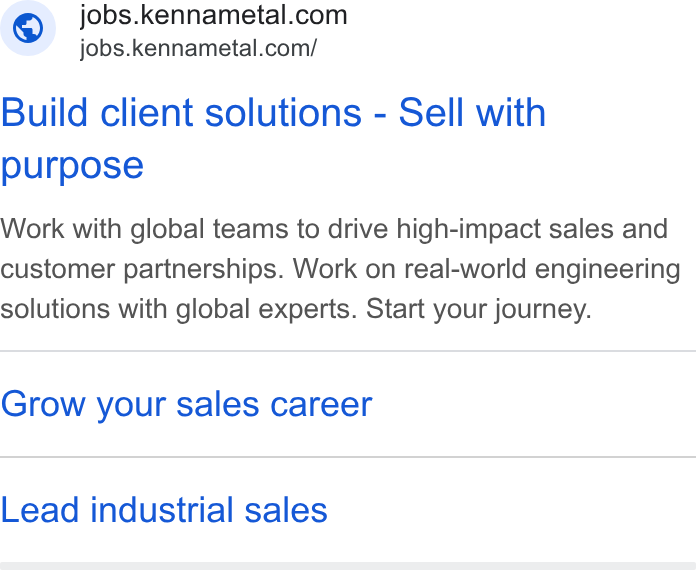 Kennametal ad on Google Ads: jobs.kennametal.com/ Build client solutions - Sell with purpose Work with global teams to drive high-impact sales and customer partnerships. Work on real-world engineering solutions with global experts. Start your journey. Grow your sales career Lead industrial sales