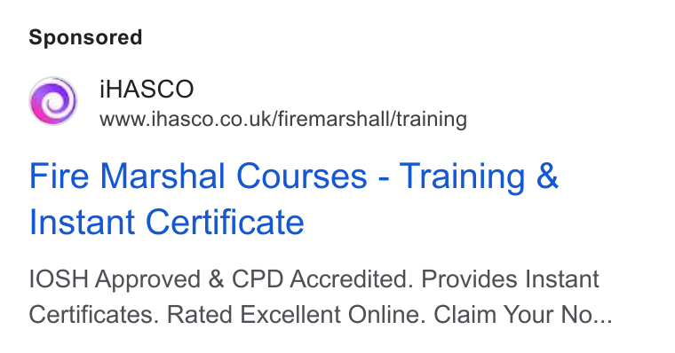 iHasco ad on Google Ads: Fire Marshal Courses - Training & Instant Certificate IOSH Approved & CPD Accredited. Provides Instant Certificates. Rated Excellent Online. Claim Your No...
