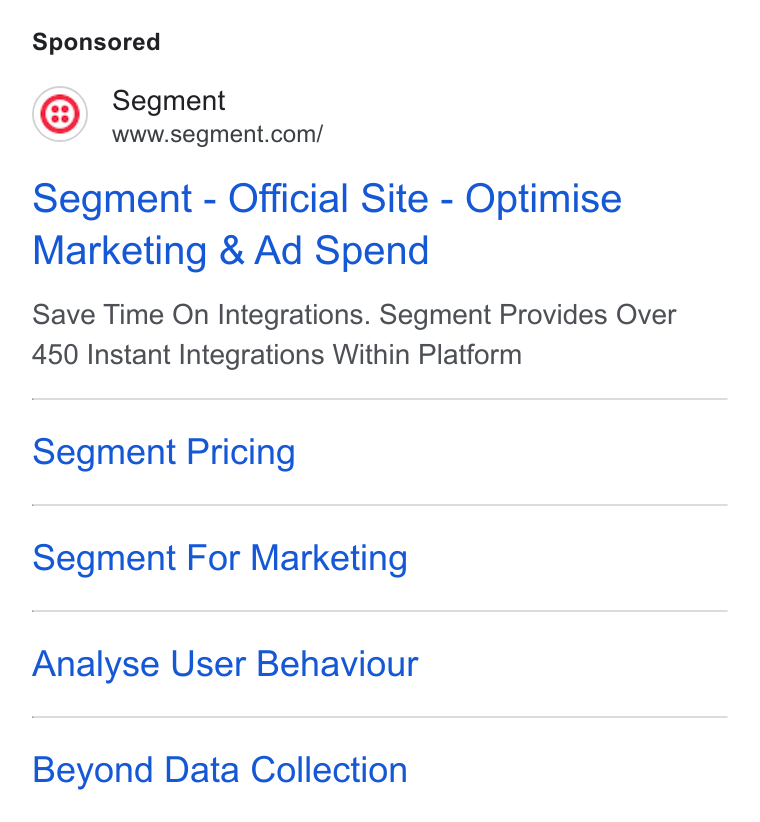 Twilio Segment ad on Google Ads: Segment - Official Site - Optimise Marketing & Ad Spend Save Time On Integrations. Segment Provides Over 450 Instant Integrations Within Platform Segment Pricing Segment For Marketing Analyse User Behaviour Beyond Data Collection