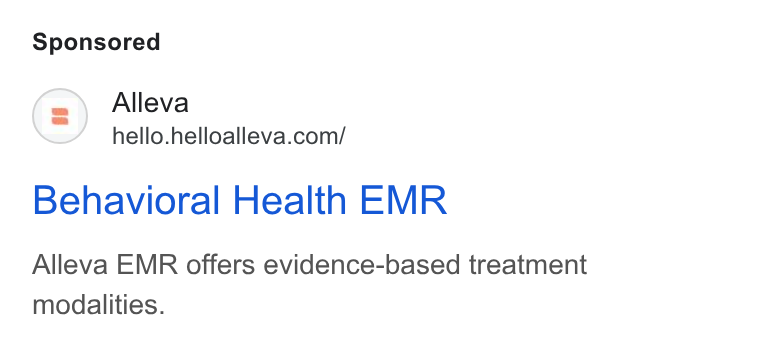 Alleva ad on Google Ads: Behavioral Health EMR Alleva EMR offers evidence-based treatment modalities.