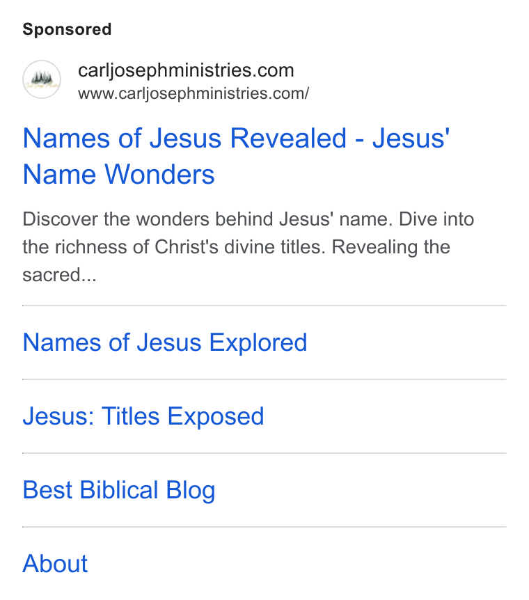 Donorbox ad on Google Ads: www.carljosephministries.com/ Names of Jesus Revealed - Jesus' Name Wonders Discover the wonders behind Jesus' name. Dive into the richness of Christ's divine titles. Revealing the sacred... Names of Jesus Explored Jesus: Titles Exposed Best Biblical Blog About