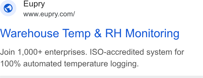 Eupry ad on Google Ads: Warehouse Temp & RH Monitoring Join 1,000+ enterprises. ISO-accredited system for 100% automated temperature logging.