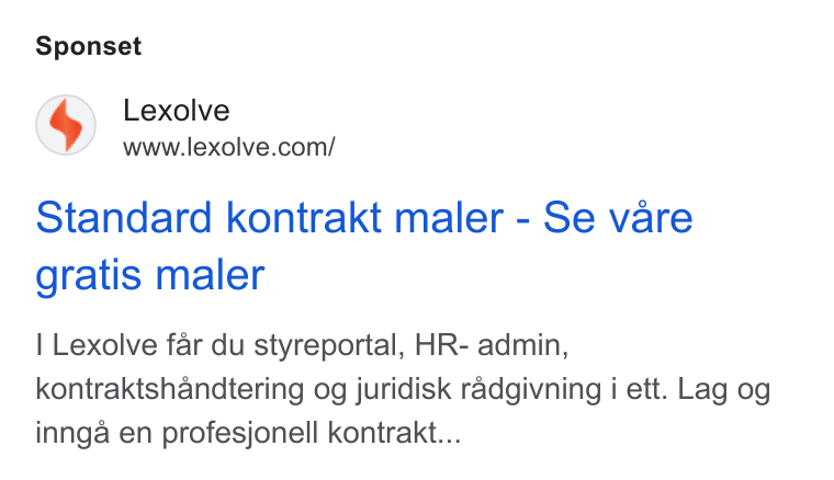 Lexolve ad on Google Ads: Sponset Standard kontrakt maler - Se vare gratis maler Lexolve far du styreportal, HR- admin, kontraktshandtering og juridisk radgivning i ett. Lag og innga en profesjonell kontrakt...