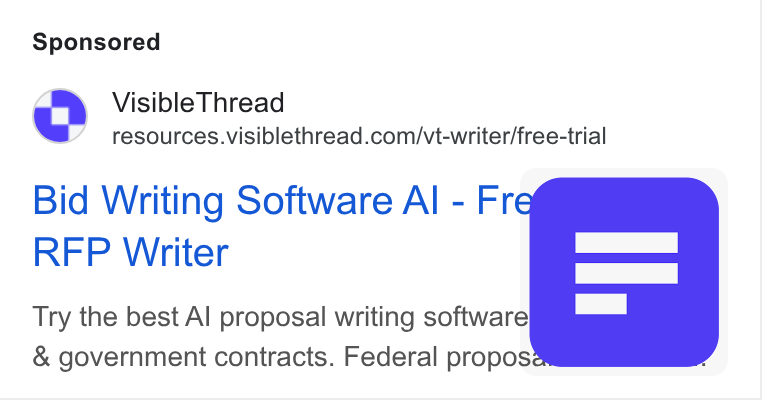 VisibleThread ad on Google Ads: Bid Writing Software Al - Fre RFP Writer Try the best Al proposal writing software & government contracts. Federal proposé