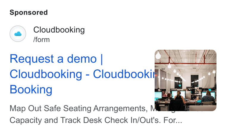 Cloudbooking ad on Google Ads: Cloudbooking /form Request a demo | be Cloudbooking - Cloudbookig Booking , Map Out Safe Seating Arrangemenis, = Capacity and Track Desk Check In/Out's. For...