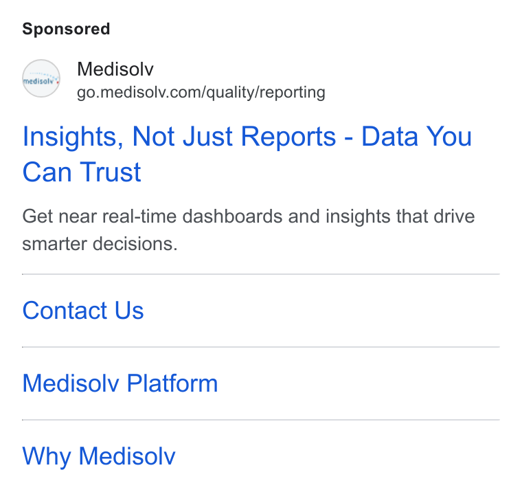 Medisolv ad on Google Ads: Insights, Not Just Reports - Data You Can Trust Get near real-time dashboards and insights that drive smarter decisions. Contact Us Medisolv Platform Why Medisolv