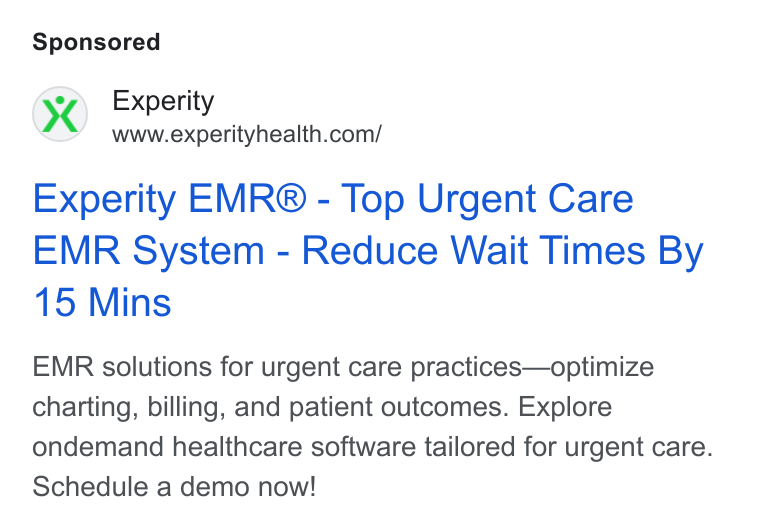 Experity ad on Google Ads: Experity EMR® - Top Urgent Care EMR System - Reduce Wait Times By 15 Mins EMR solutions for urgent care practices—optimize charting, billing, and patient outcomes. Explore ondemand healthcare software tailored for urgent care. Schedule a demo now!