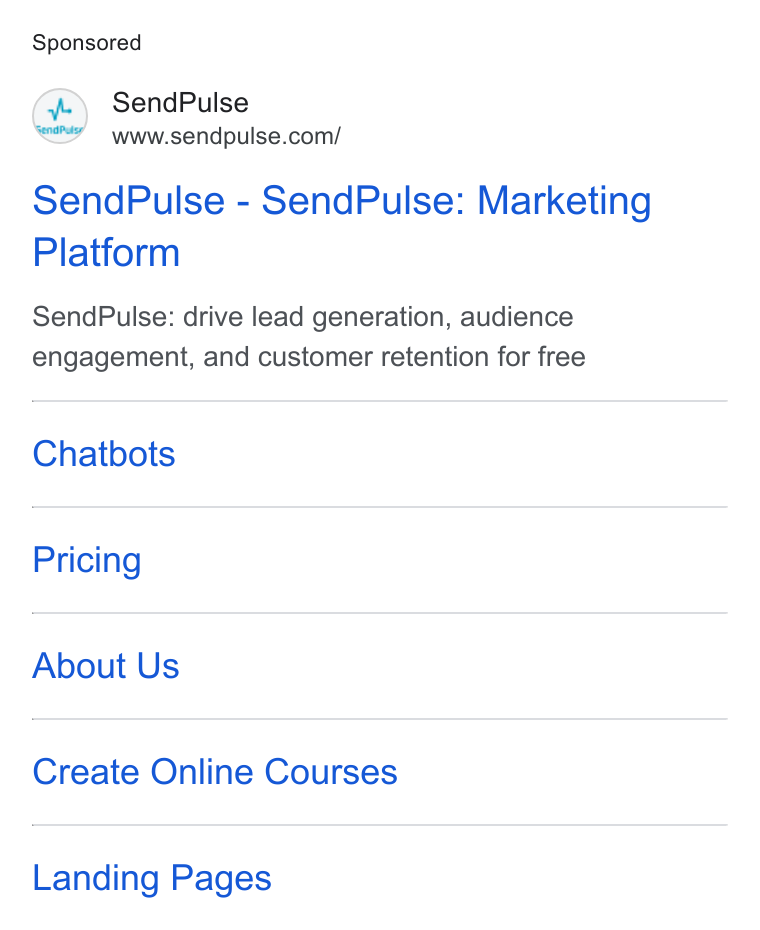 SendPulse ad on Google Ads: Send Pulse - Send Pulse: Marketing Platform Send Pulse: drive lead generation, audience engagement, and customer retention for free Chatbots Pricing About Us Create Online Courses Landing Pages