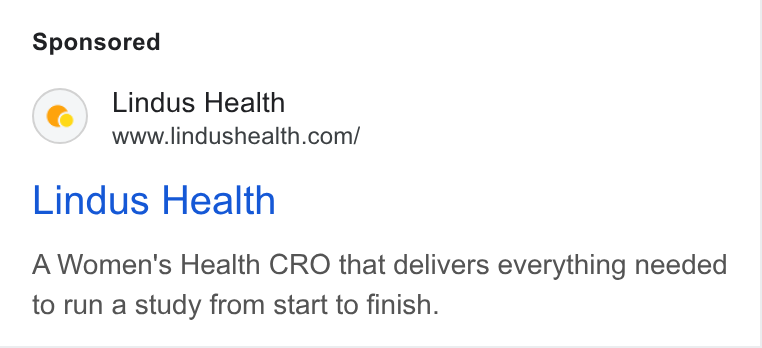 Lindus Health ad on Google Ads: Lindus Health A Women's Health CRO that delivers everything needed to run a study from start to finish.