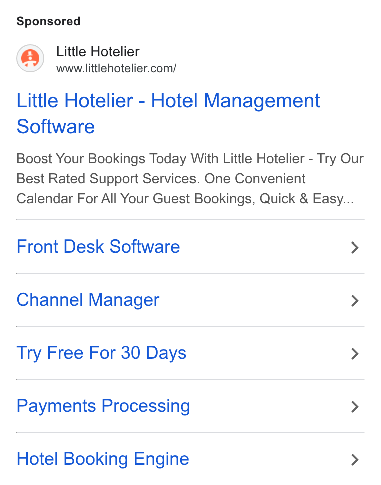 Little Hotelier ad on Google Ads: Little Hotelier - Hotel Management Software Boost Your Bookings Today With Little Hotelier - Try Our Best Rated Support Services. One Convenient Calendar For All Your Guest Bookings, Quick & Easy... Front Desk Software > Channel Manager > Try Free For 30 Days > Payments Processing > Hotel Booking Engine >