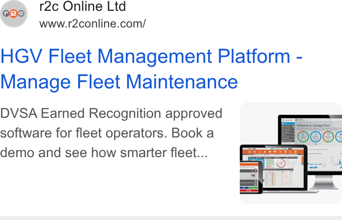 r2c Online ad on Google Ads: HGV Fleet Management Platform - Manage Fleet Maintenance DVSA Earned Recognition approved software for fleet operators. Book a demo and see how smarter fleet...
