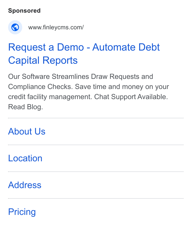Finley ad on Google Ads: Request a Demo - Automate Debt Capital Reports Our Software Streamlines Draw Requests and Compliance Checks. Save time and money on your credit facility management. Chat Support Available. Read Blog. About Us Location Address Pricing