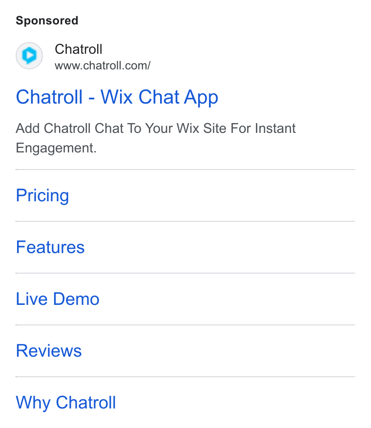Chatroll ad on Google Ads: Chatroll - Wix Chat App Add Chatroll Chat To Your Wix Site For Instant Engagement. Pricing Features Live Demo Reviews Why Chatroll