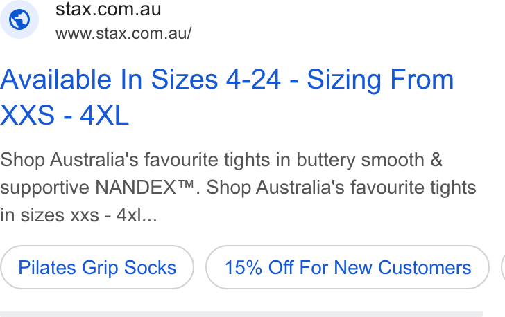 STAX. ad on Google Ads: www.stax.com.au/ Available In Sizes 4-24 - Sizing From XXS - 4XL Shop Australia’s favourite tights in buttery smooth & supportive NANDEX™. Shop Australia's favourite tights in sizes xxs - 4x... Pilates Grip Socks 15% Off For New Customers