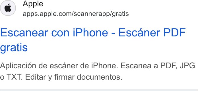 Apple ad on Google Ads: Escanear con i Phone - Escaner PDF gratis Aplicacioén de escaner de i Phone. Escanea a PDF, JPG o TXT. Editar y firmar documentos.