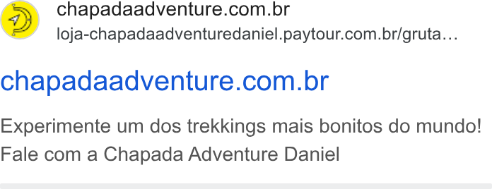 Paytour ad on Google Ads: loja-chapadaadventuredaniel.paytour.com.br/gruta... chapadaadventure.com.br Experimente um dos trekkings mais bonitos do mundo! Fale com a Chapada Adventure Daniel