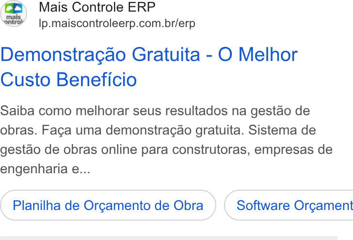 Mais Controle ad on Google Ads: Demonstragao Gratuita - O Melhor Custo Beneficio Saiba como melhorar seus resultados na gestao de obras. Faga uma demonstrac¢ao gratuita. Sistema de gestao de obras online para construtoras, empresas de engenharia e... Planilha de Orgcamento de Obra } ( Software Orgament
