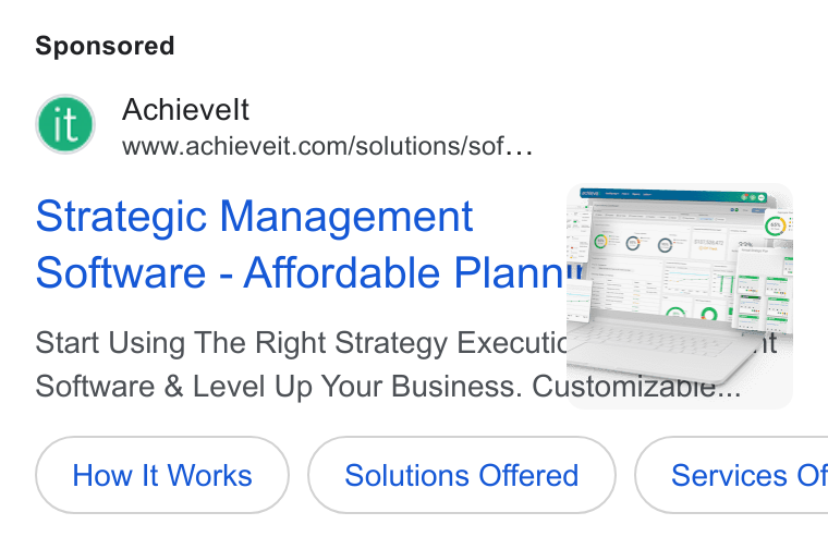 AchieveIt ad on Google Ads: Strategic Management ae Software - Affordable Plann ne: Software & Level Up Your Business. Customiz How it works) It Works (Solutions Offered ) Offered Services Of