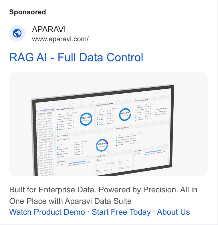 APARAVI ad on Google Ads: RAG Al - Full Data Control Built for Enterprise Data. Powered by Precision. All in One Place with Aparavi Data Suite Watch Product Demo - Start Free Today - About Us