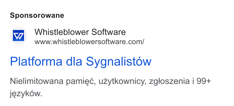 Formalize ad on Google Ads: Sponsorowane Platforma dla Sygnalistow Nielimitowana pamiec, uzytkownicy, zgloszenia i 99+ jezykow.
