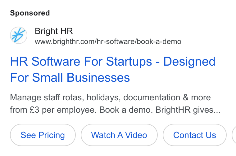BrightHR ad on Google Ads: HR Software For Startups - Designed For Small Businesses Manage staff rotas, holidays, documentation & more from £3 per employee. Book a demo. Bright HR gives... Watch A Video Contact Us (