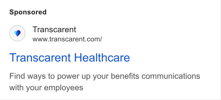 Accolade ad on Google Ads: Transcarent Healthcare Find ways to power up your benefits communications with your employees