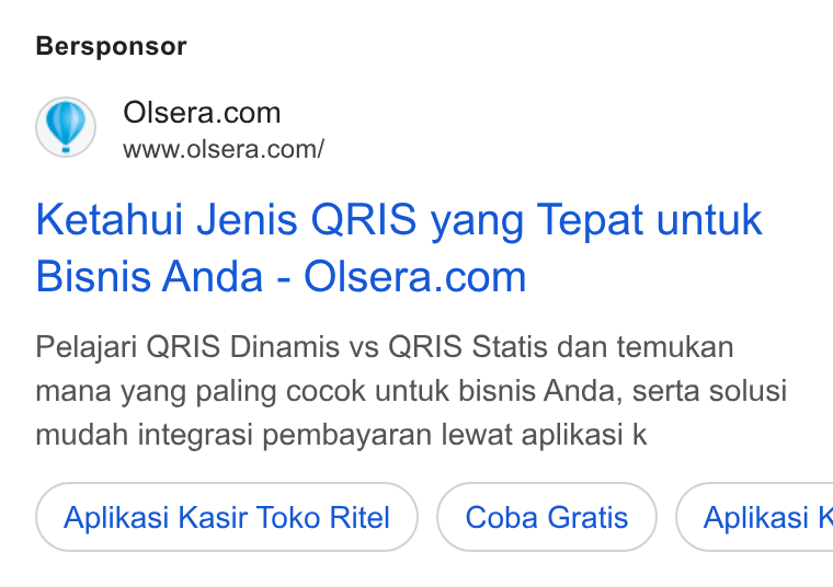 Olsera ad on Google Ads: www.olsera.com/ Ketahui Jenis QRIS yang Tepat untuk Bisnis Anda-Olsera.com Pelajari QRIS Dinamis vs QRIS Statis dan temukan mana yang paling cocok untuk bisnis Anda, serta solusi mudah integrasi pembayaran lewat aplikasi k Aplikasi Kasir Toko Ritel Coba Gratis } ( Aplikasi k