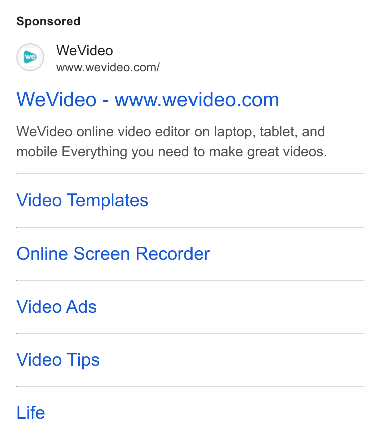 WeVideo ad on Google Ads: We Video - www.wevideo.com We Video online video editor on laptop, tablet, and mobile Everything you need to make great videos. Video Templates Online Screen Recorder Video Ads Video Tips Life