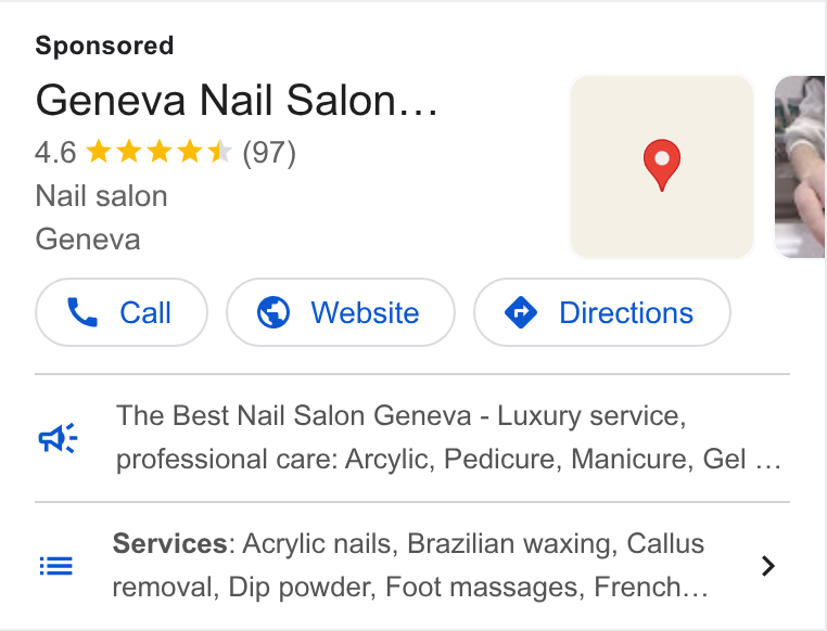 Schedulista ad on Google Ads: Geneva Nail Salon... 46 kk kk * (97) 9 Nail salon Geneva The Best Nail Salon Geneva - Luxury service, professional care: Arcylic, Pedicure, Manicure, Gel ... a: Services: Acrylic nails, Brazilian waxing, Callus removal, Dip powder, Foot massages, French...