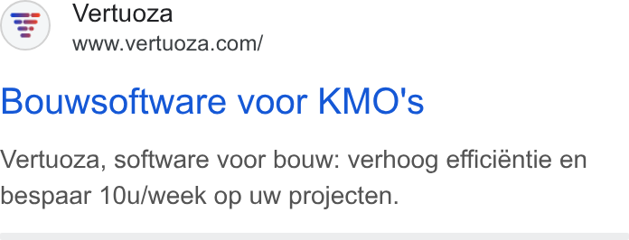 Vertuoza ad on Google Ads: Bouwsoftware voor KMO's Vertuoza, software voor bouw: verhoog efficiéntie en bespaar 10u/week op uw projecten.