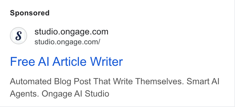 Ongage ad on Google Ads: studio.ongage.com/ Free Al Article Writer Automated Blog Post That Write Themselves. Smart Al Agents. Ongage Al Studio
