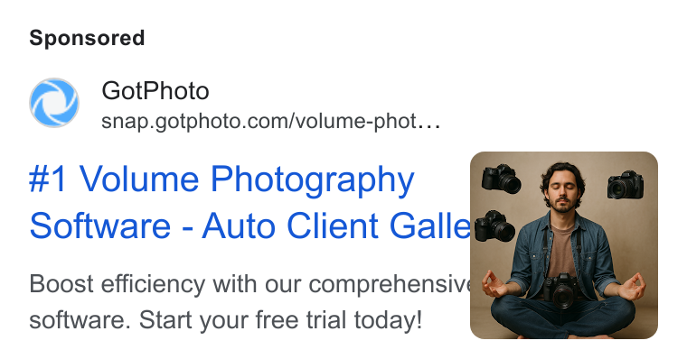 GotPhoto.com ad on Google Ads: #1 Volume Photography Software - Auto Client Galle Boost efficiency with our comprehensive —¥ software. Start your free trial today!