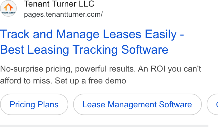 Tenant Turner ad on Google Ads: Track and Manage Leases Easily - Best Leasing Tracking Software No-surprise pricing, powerful results. An ROI you can't afford to miss. Set up a free demo Pricing Plans Lease Management Software <