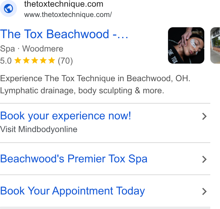 Mindbody ad on Google Ads: www.thetoxtechnique.com/ The Tox Beachwood -... Spa - Woodmere 5.0 ee kk (70) Experience The Tox Technique in Beachwood, OH. Lymphatic drainage, body sculpting & more. Book your experience now! > Visit Mindbodyonline Beachwood's Premier Tox Spa > Book Your Appointment Today >