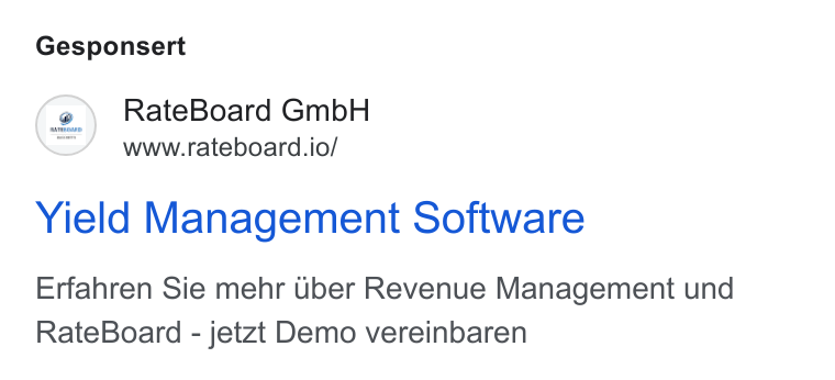 RateBoard ad on Google Ads: Gesponsert C2) Rate Board Gmb H www.rateboard.io/ Yield Management Software Erfahren Sie mehr Uber Revenue Management und Rate Board - jetzt Demo vereinbaren