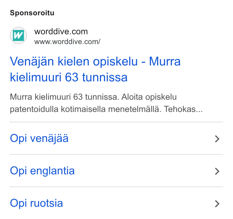 WordDive ad on Google Ads: www.worddive.com/ Venajan kielen opiskelu - Murra kielimuuri 63 tunnissa Murra kielimuuri 63 tunnissa. Aloita opiskelu patentoidulla kotimaisella menetelmalla. Tehokas... Opi venajaa Opi englantia Opi ruotsia