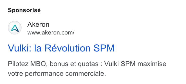 Akeron ad on Google Ads: Sponsorisé Vulki: la Revolution SPM Pilotez MBO, bonus et quotas : Vulki SPM maximise votre performance commerciale.