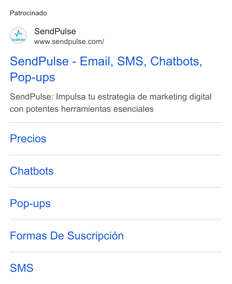 SendPulse ad on Google Ads: Patrocinado Send Pulse - Email, SMS, Chatbots, Pop-ups Send Pulse: Impulsa tu estrategia de marketing digital con potentes herramientas esenciales Precios Chatbots Pop-ups Formas De Suscripcién SMS