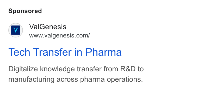 ValGenesis ad on Google Ads: Tech Transfer in Pharma Digitalize knowledge transfer from R& D to manufacturing across pharma operations.
