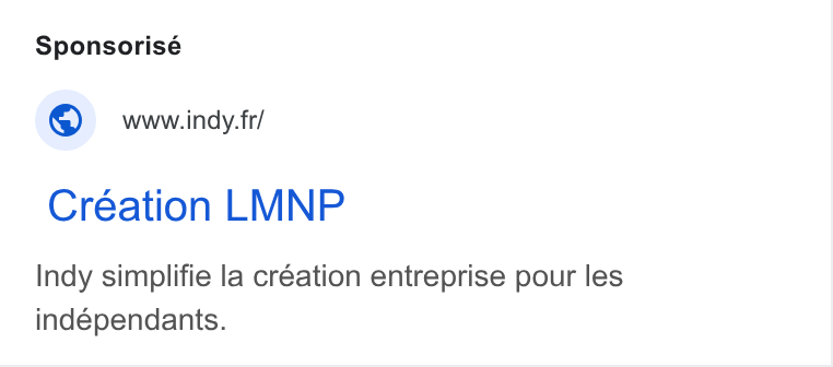 Indy ad on Google Ads: Creation LMNP Indy simplifie la création entreprise pour les indépendants.