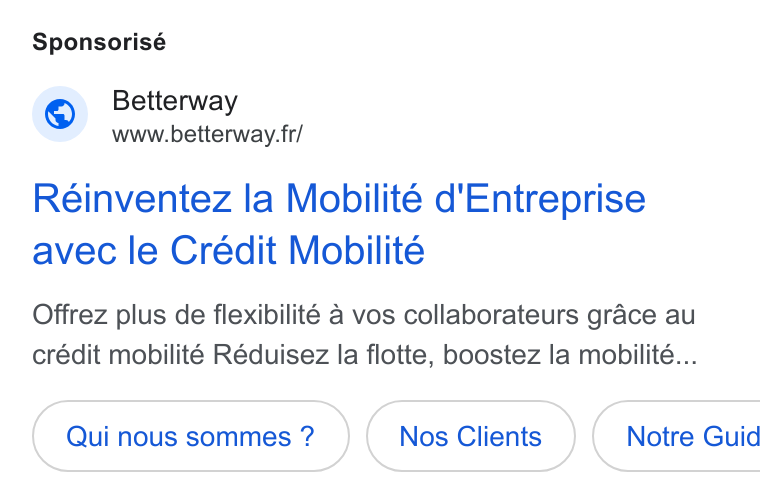 Betterway ad on Google Ads: Sponsorisé Reinventez la Mobilite d'Entreprise avec le Crédit Mobilite Offrez plus de flexibilité 4 vos collaborateurs grace au crédit mobilité Réduisez la flotte, boostez la mobilité... Nos Clients ( Notre Guid