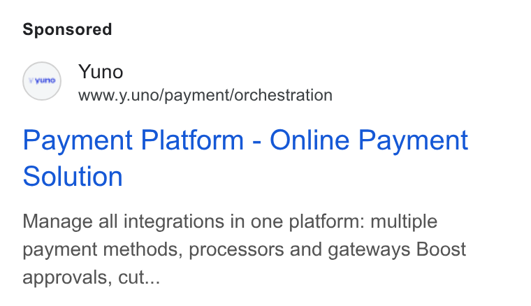 Yuno ad on Google Ads: (rm) Yuno www.y.uno/payment/orchestration Payment Platform - Online Payment Solution Manage all integrations in one platform: multiple payment methods, processors and gateways Boost approvals, cut...