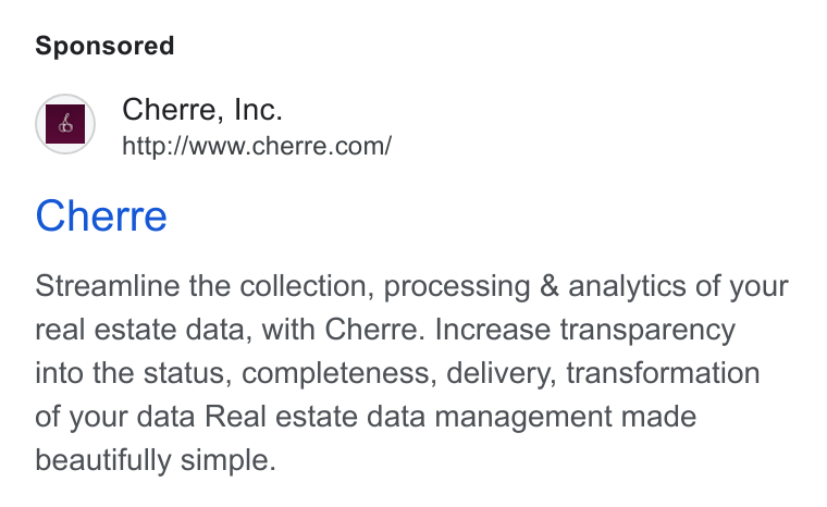 Cherre ad on Google Ads: Cherre Streamline the collection, processing & analytics of your real estate data, with Cherre. Increase transparency into the status, completeness, delivery, transformation of your data Real estate data management made beautifully simple.